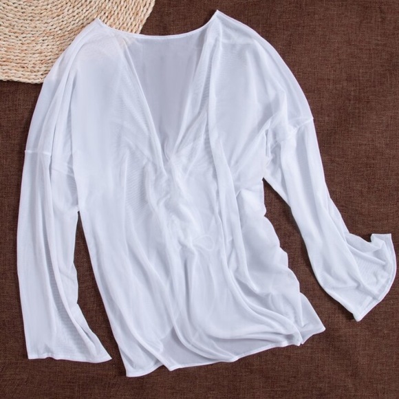 SHEIN Women’s Swim Mesh Drawstring Ruched Cover-Up with Bow - white, size M - Picture 3 of 10